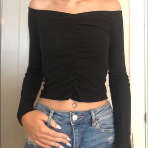 long sleeve off the shoulder crop top